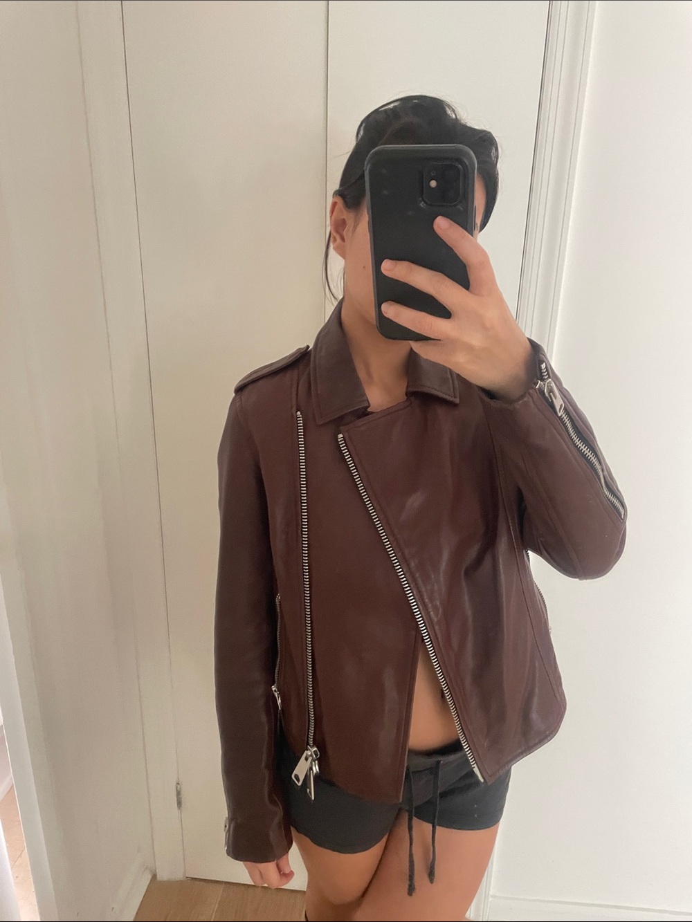 All Saints Brown Leather Moto Jacket with Silver Hardware
